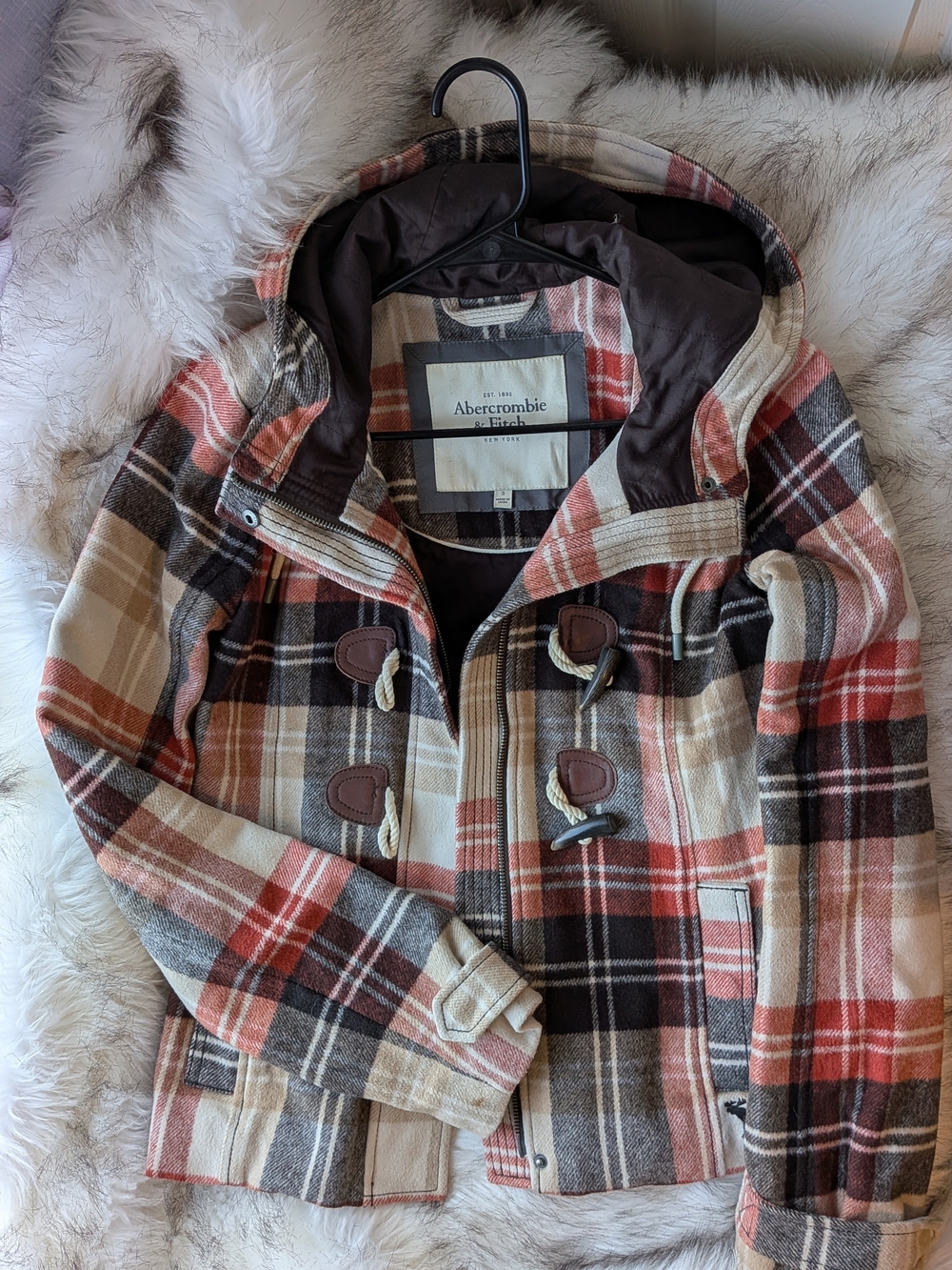 Abercrombie & Fitch Women's Plaid Hooded Toggle Coat - Red, Cream & Brown